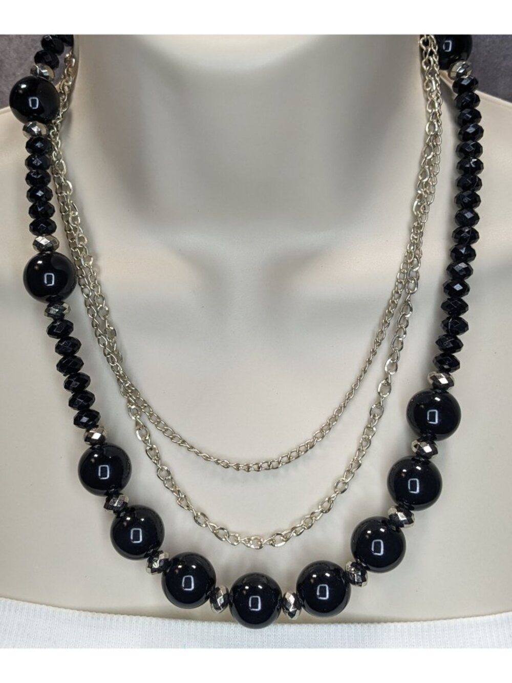 Goth Glam Layered Black Beaded Necklace Silver Tone Chains Statement Jewelry